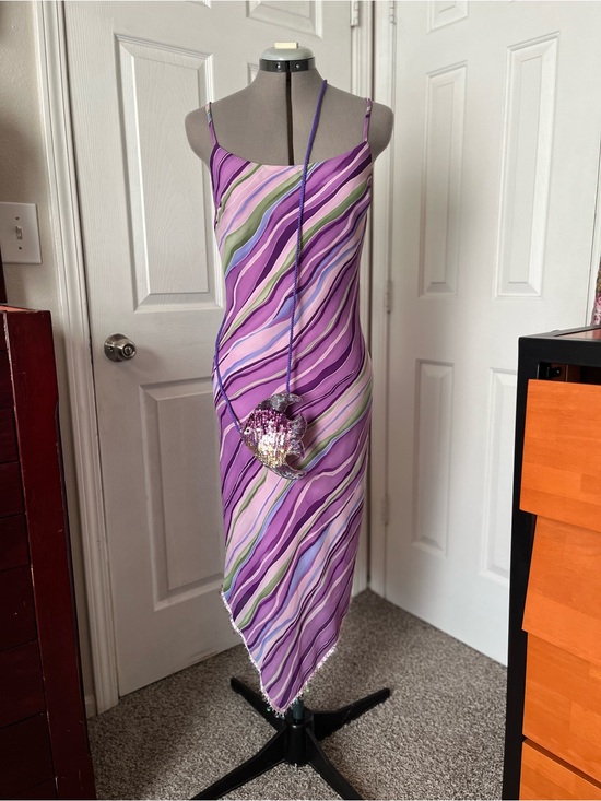 My Michelle Dresses & Skirts - My Michelle Y2K Abstract Asymmetric Stripes Midi Dress, Purple & Green, Size S/M